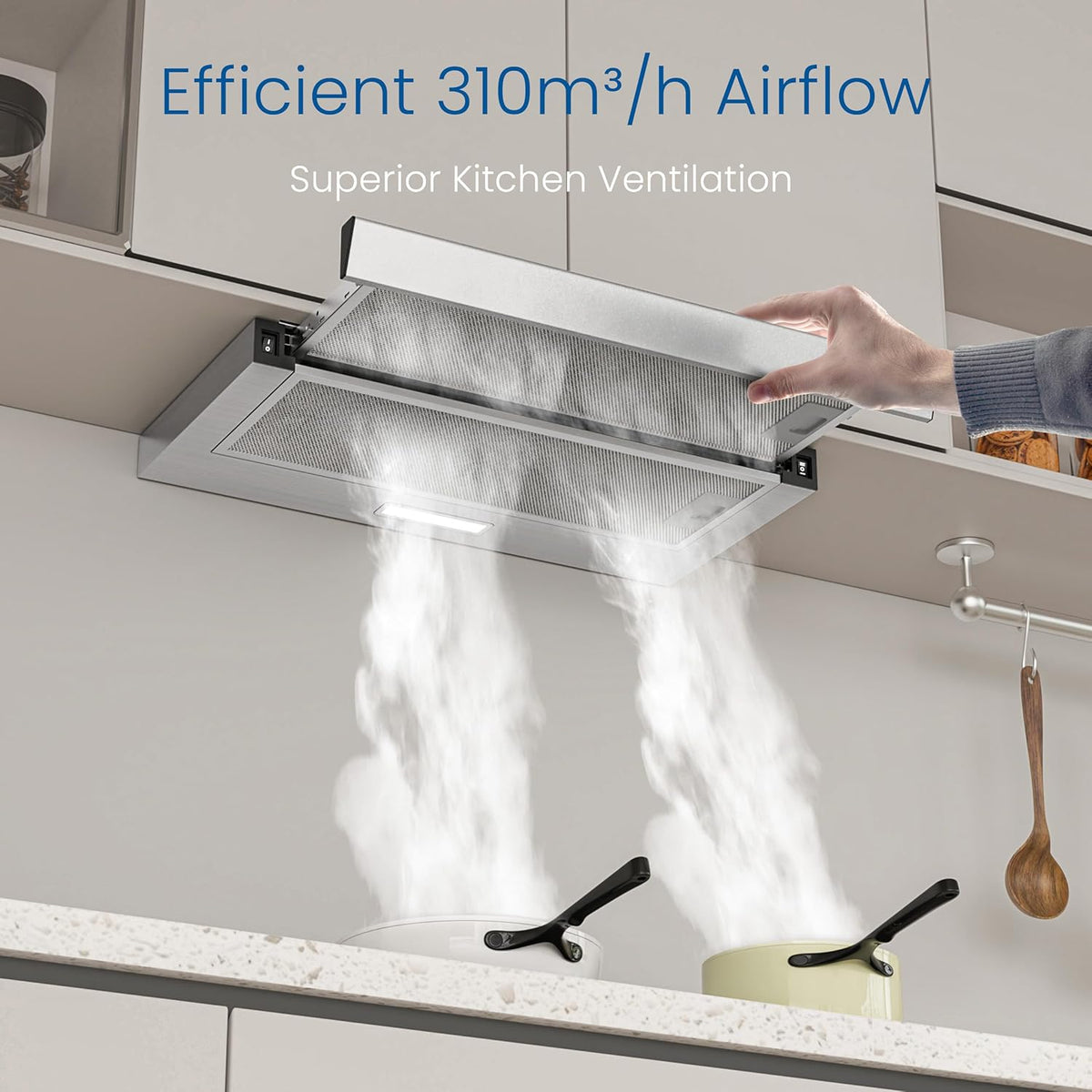 FIREGAS Afzuigkap 60 cm Uitschuifbaar Onderbouw – Zilver, Stil & Energiezuinig, 310 m³/h, LED Verlichting, Automatische AAN/UIT, Aluminium Vetfilter & Koolstoffilter – Voor Afvoer of Recirculatie