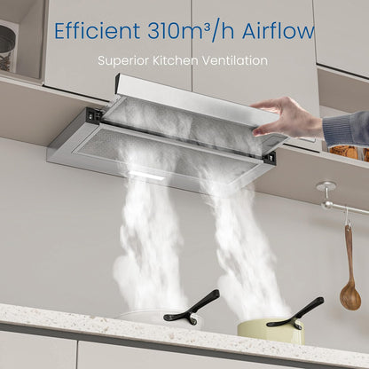 FIREGAS Afzuigkap 60 cm Uitschuifbaar Onderbouw – Zilver, Stil & Energiezuinig, 310 m³/h, LED Verlichting, Automatische AAN/UIT, Aluminium Vetfilter & Koolstoffilter – Voor Afvoer of Recirculatie