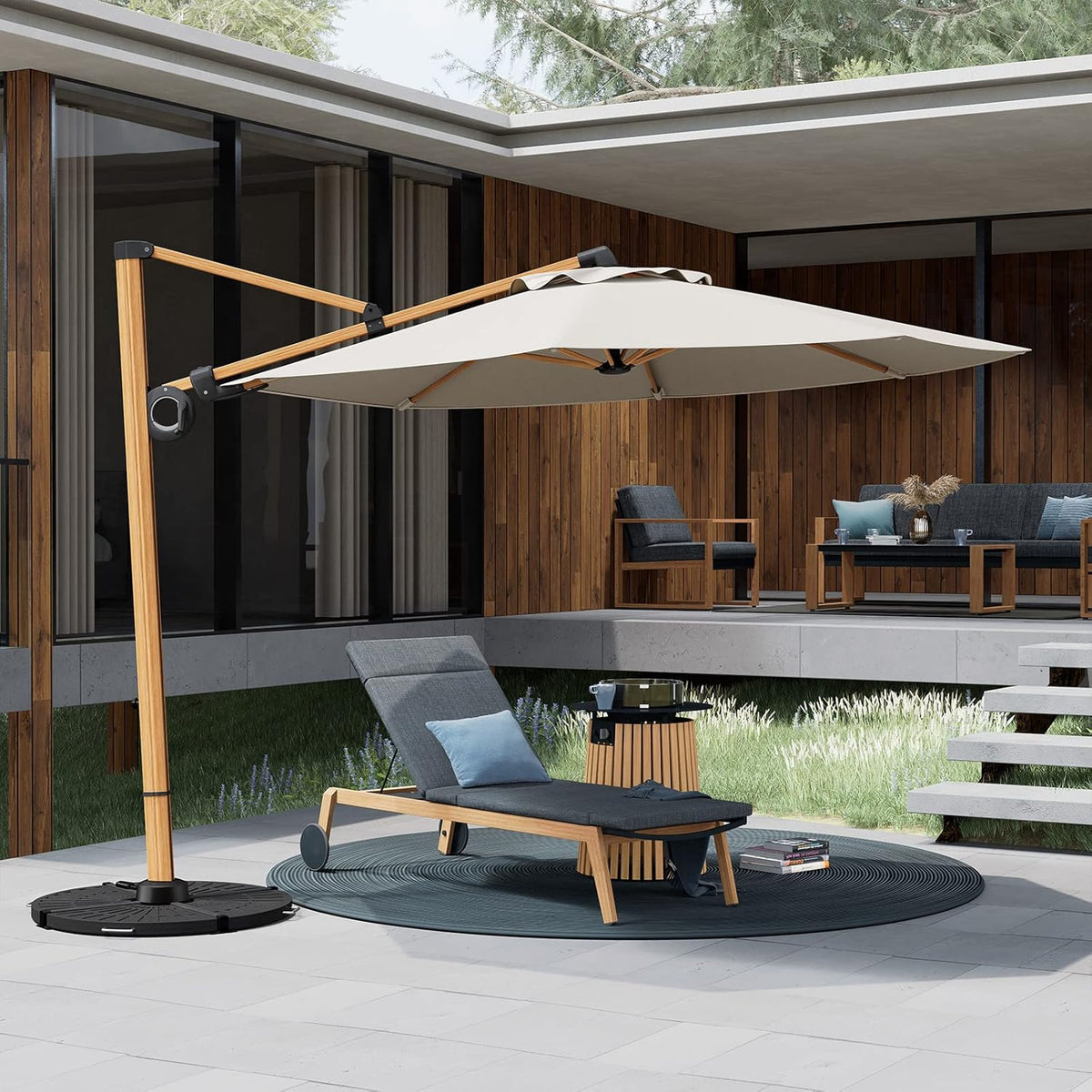 Grand patio Parasol, zonwering, balkon, zweefparasol, 300 cm, met zwengel, winddicht, voor terras, tuin, strand, uv-bescherming 50+, champagne, rond