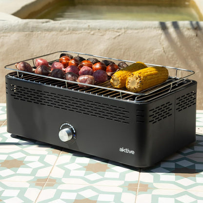 Aktive Draagbare houtskoolgrill, oplaadbaar, rookvrij, rechthoekig, druppelbescherming, afmetingen 45 x 28 x 19 cm, inclusief draagtas, terras-grill, balkon (63004)