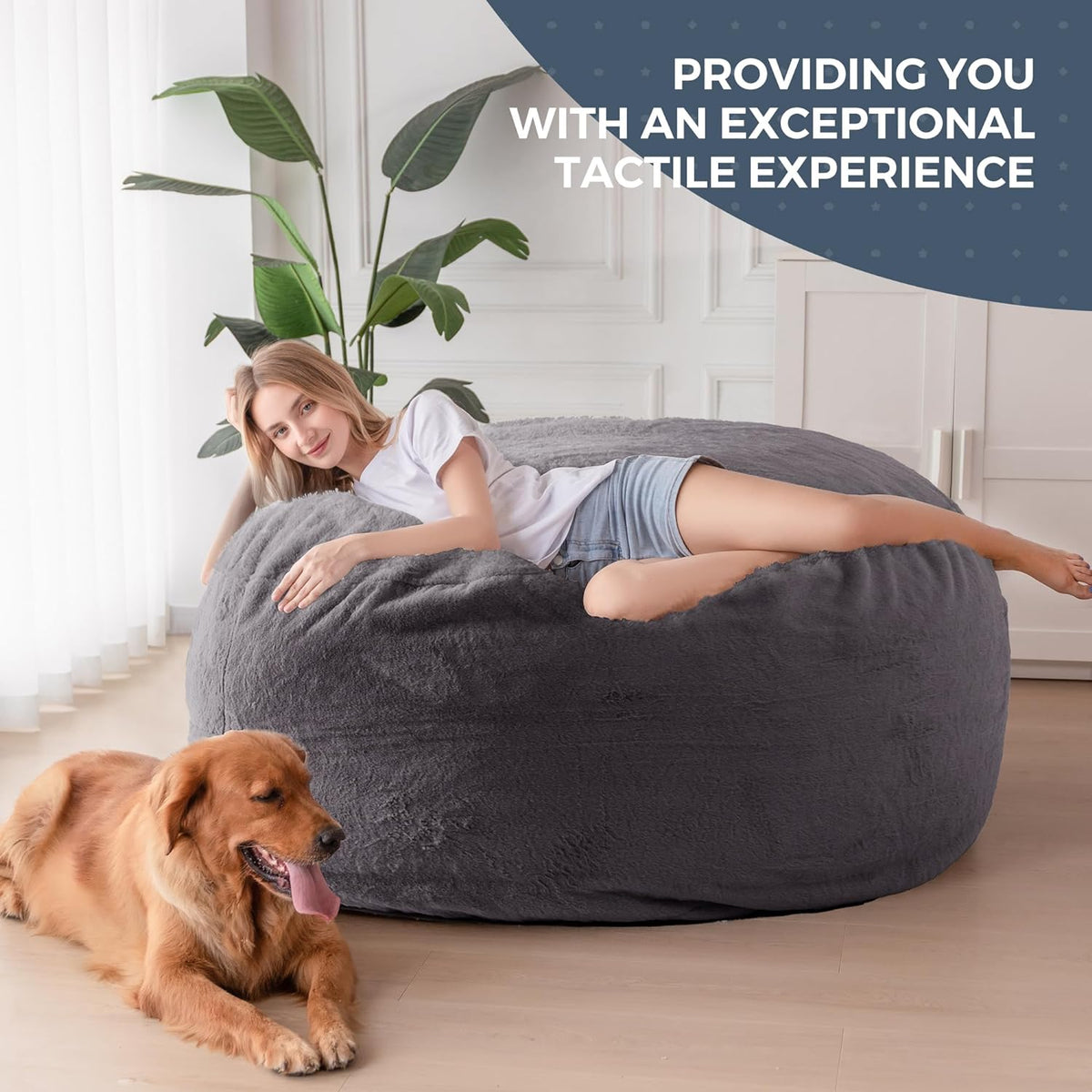MAXYOYO Bean Bag Bed Convertible Bean Bag to Bed Foam Sofa with Shaggy Cover and Fluffy Filling for Adults, Teenagers Guests (Anthracite, Double Bed)