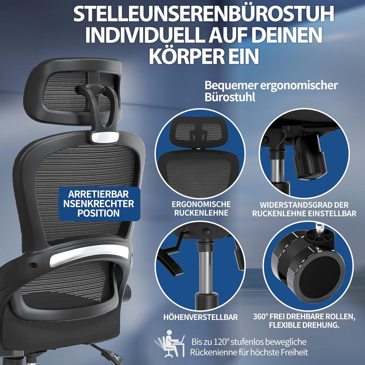 TRALT Ergonomische bureaustoel, bureaustoel met verstelbare hoofdsteun, in hoogte verstelbaar, bureaustoel, ergonomische bureaustoel, gamingstoel, 150 kg, voor lange tijd, zwart