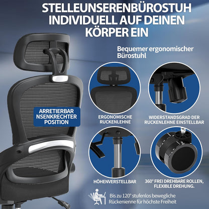 TRALT Ergonomische bureaustoel, bureaustoel met verstelbare hoofdsteun, in hoogte verstelbaar, bureaustoel, ergonomische bureaustoel, gamingstoel, 150 kg, voor lange tijd, zwart