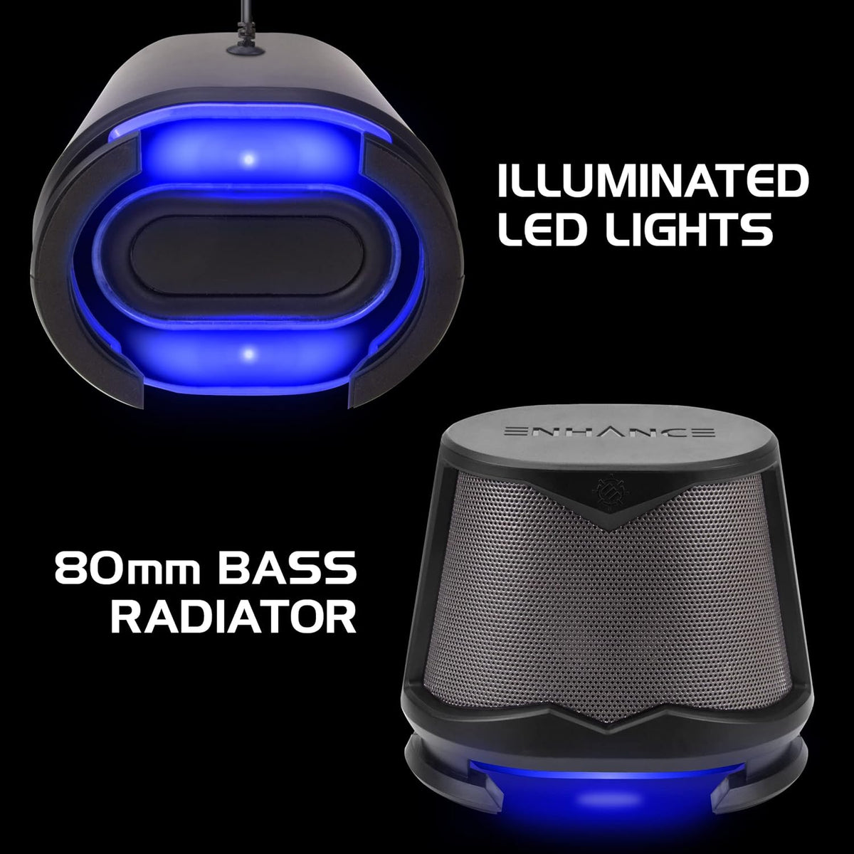 ENHANCE SB 2.1 Computerluidspreker met subwoofer – blauwe led-gamingluidspreker, high-excursion-geluidssysteem, AC-voeding, volume- en basregeling, compatibel met gaming-pc, desktop, laptop