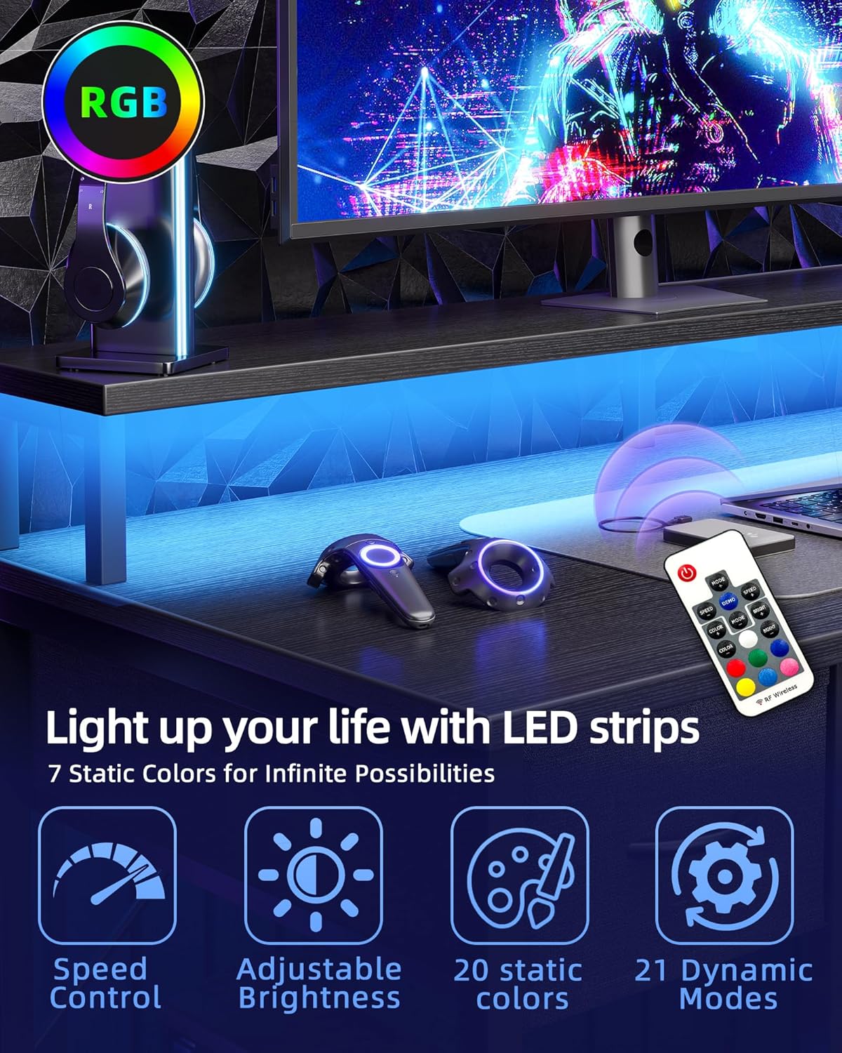 BEXEVUE Modern Desk Power Outlets LED - 120x50cm Gaming Computer Table, Keyboard Tray 4 Reversible Drawers, Large Storage Bookshelf Workstation for Study Play Work Sleep Room Home Office - QUORE