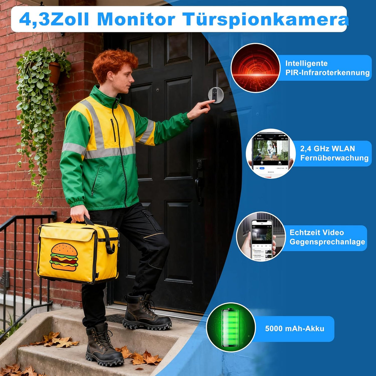 Draadloze deurbel met camera en 4,3 inch scherm, 1080p HD-video, nachtzicht, twee-weg audio, voor Tuya-app, geen wifi nodig, eenvoudige installatie voor voordeur