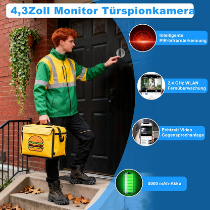 Draadloze deurbel met camera en 4,3 inch scherm, 1080p HD-video, nachtzicht, twee-weg audio, voor Tuya-app, geen wifi nodig, eenvoudige installatie voor voordeur