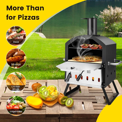 FANTASK Pizza Oven 2-Tier with Grill Grate, Outdoor Pizza Oven, Pizza Stone & Folding Legs, Pizza Shovel, Waterproof Cover - QUORE