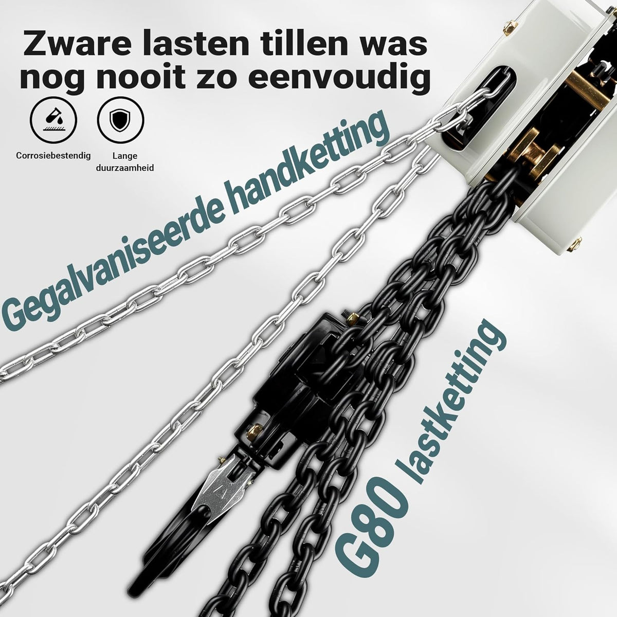 Wiltec hijstakel 5 ton x 3 meter, krachtige mini takel voor het hijsen van lasten, handmatige kettingtakel VSK-5 voor 5000 kg werklast, takel met 2 haken