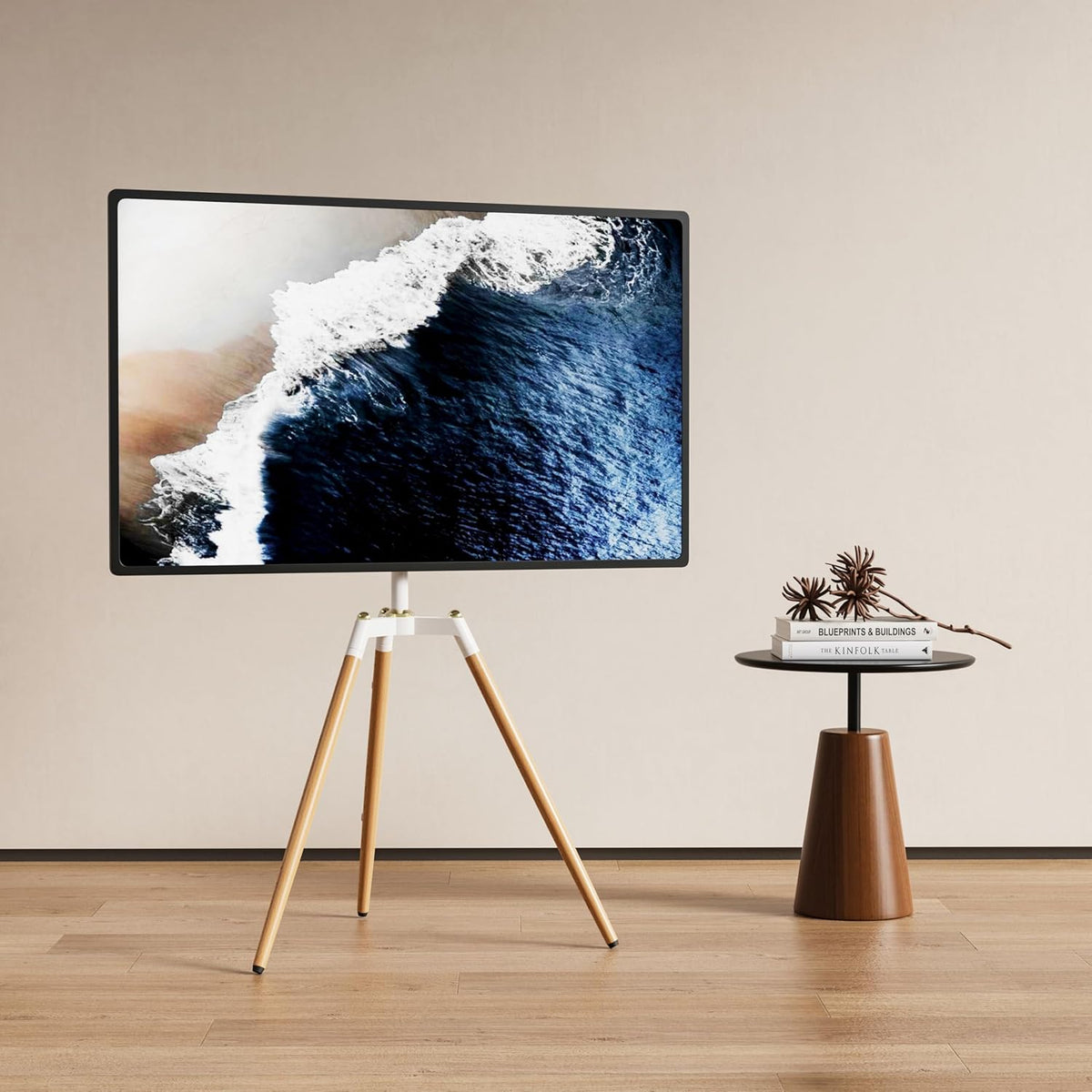 ETHU Vloertv-standaard voor scherm van 45-65 inch, in hoogte verstelbaar studio-statief, tv-displaystandaard met 140° draaibaar voor slaapkamer, woonkamer, hoek-tv-standaard (wit)