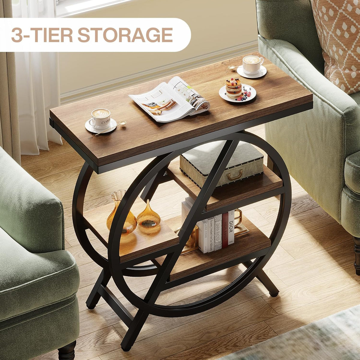 Tribesigns 3 Tier Side Table, Narrow Wood, 65 x 30 cm, Sofa Table with Storage Space, Industrial Small Side Table for Living Room, Smart Bedside Table for Bedroom (2 Pack)