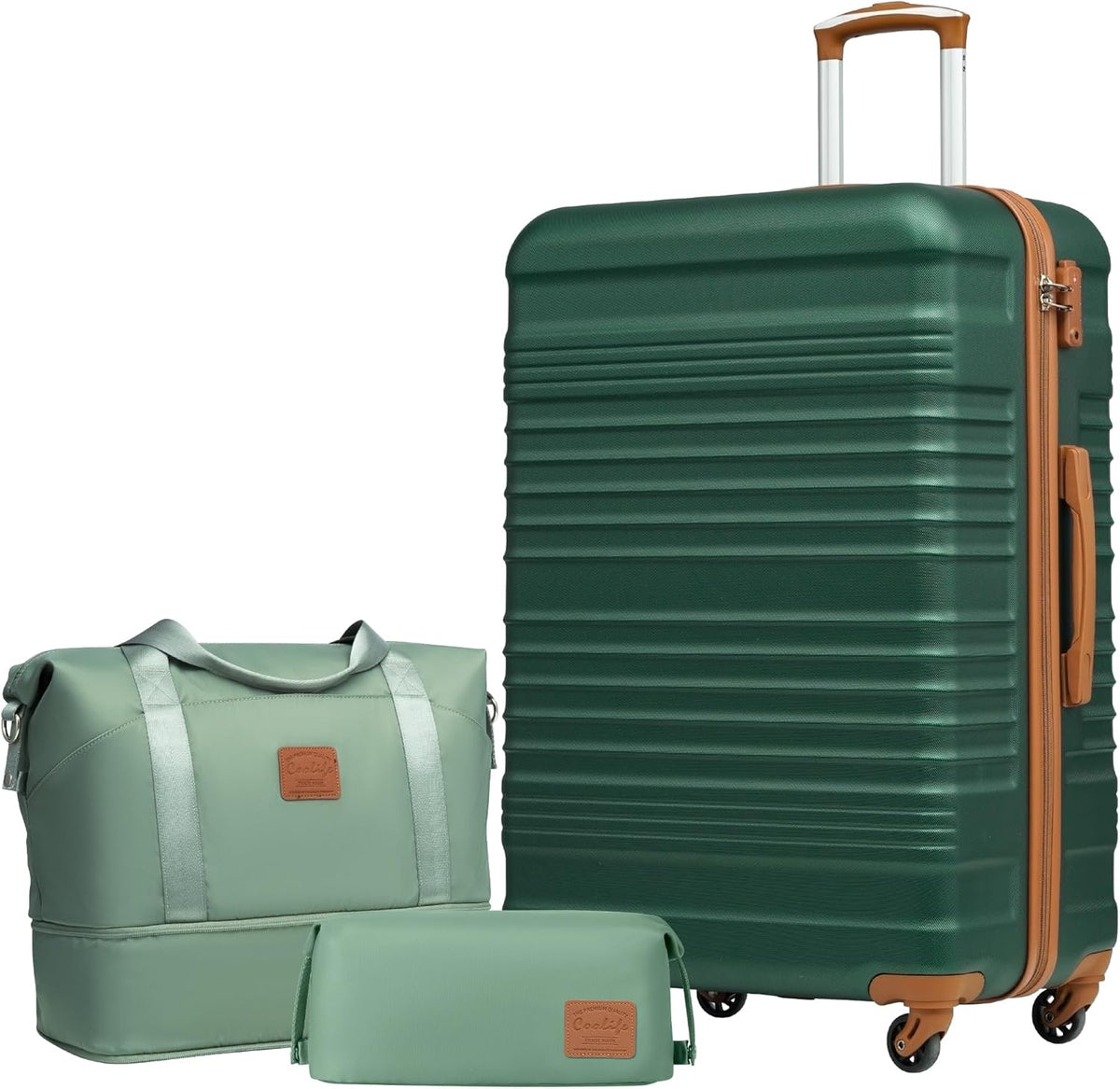 COOLIFE Kofferset Trolley Koffer ABS Harde reiskoffer 4 wielen TSA-slot Intrekbare trolley De koffer bevat 1 reistas en 1 toilettas (donkergroen/bruin, grote kofferset 3-delig)