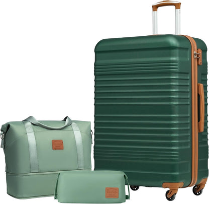 COOLIFE Kofferset Trolley Koffer ABS Harde reiskoffer 4 wielen TSA-slot Intrekbare trolley De koffer bevat 1 reistas en 1 toilettas (donkergroen/bruin, grote kofferset 3-delig)