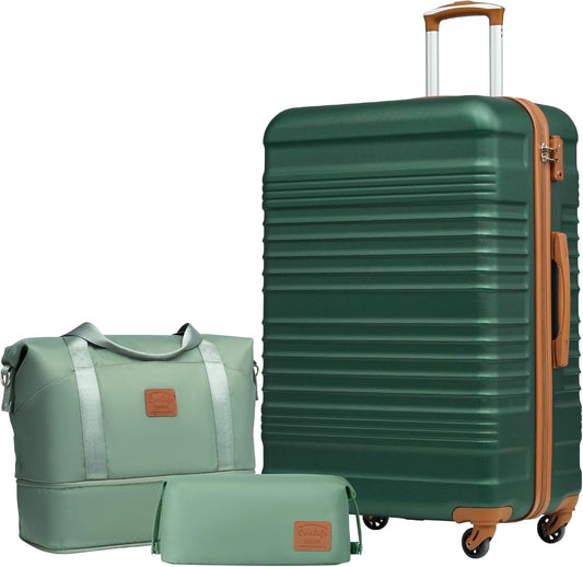 COOLIFE Kofferset Trolley Koffer ABS Harde reiskoffer 4 wielen TSA-slot Intrekbare trolley De koffer bevat 1 reistas en 1 toilettas (donkergroen/bruin, grote kofferset 3-delig)