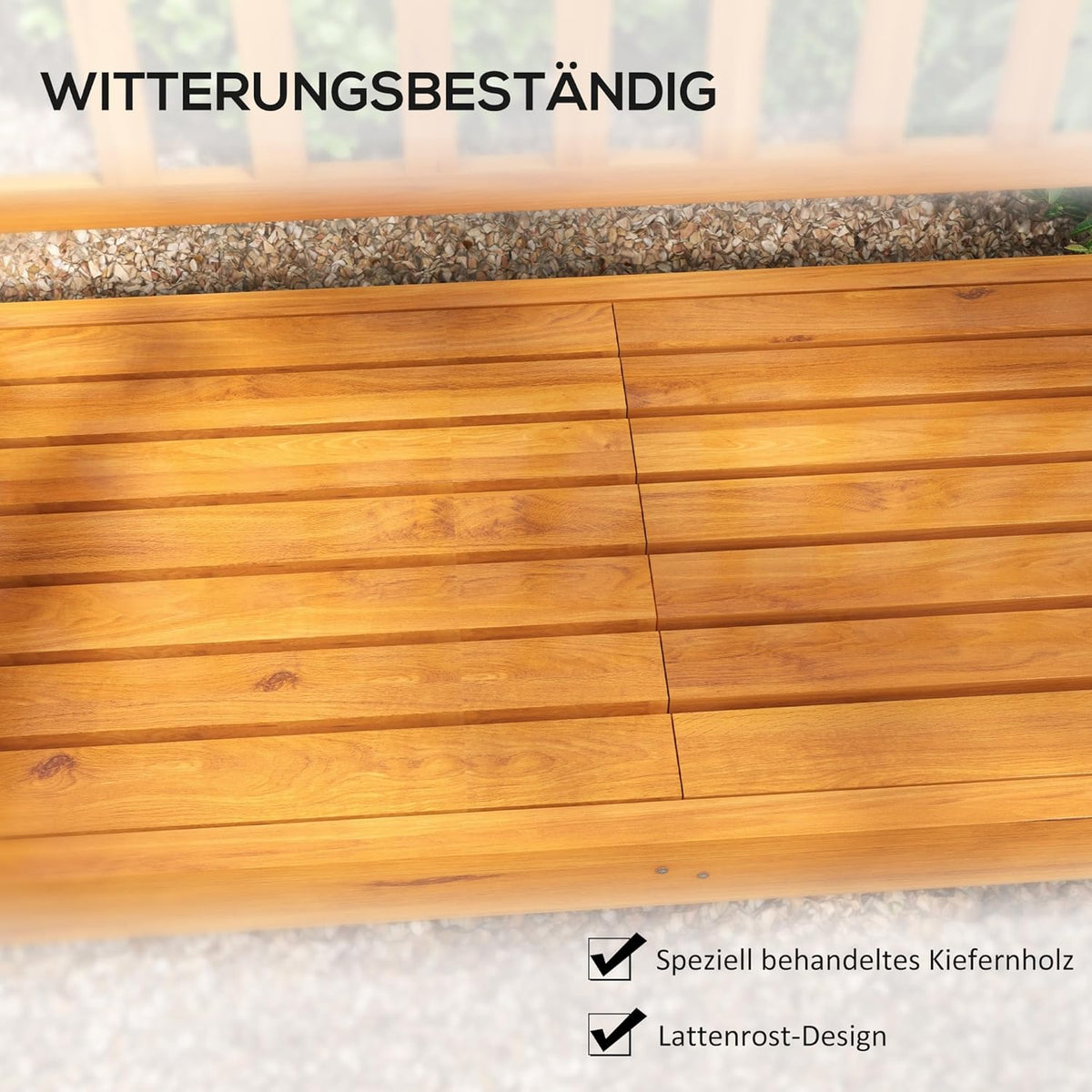 Outsunny Garden Bench 3-Seater Bench with Table, Park Bench with Armrest, Wooden Bench up to 280 kg Load Capacity for Balcony, Patio, Light Brown, 153 x 56 x 91 cm - QUORE
