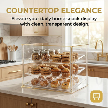 3 Tray Countertop Bakkerij Vitrine met Magnetische Achterdeuren - 52,8 cm x 40 cm x 42,9 cm Acryl Gebak Vitrine met Verwijderbare Trays & Stalen Tang, Voedsel Vitrine voor Donut Brood Cake
