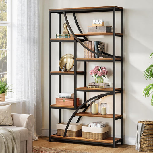 Tribesigns Bookcase, 180 cm, 9 Tier Shelf, Large Geometric Bookcase with Open Compartments, Free Standing Wood and Metal Shelf for Living Room, Industrial Design, Brown and Black