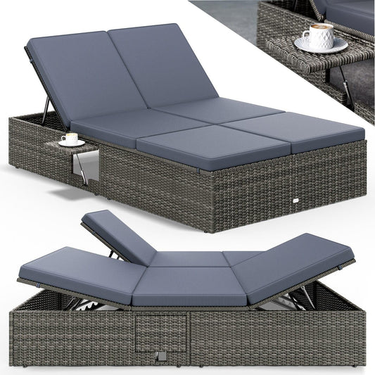 CASARIA® Double Lounger Polyrattan 200x115cm Adjustable Tables Double Lounge Sofa Sun Lounger Garden Grey/Anthracite - QUORE