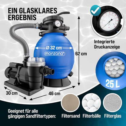 Monzana Zandfiltersysteem 9,6 m³ Voorfilter 7 Wegklep 2in1 adapter Ø32-38mm Filtersysteem Zwembad Filtertank Zandfilter