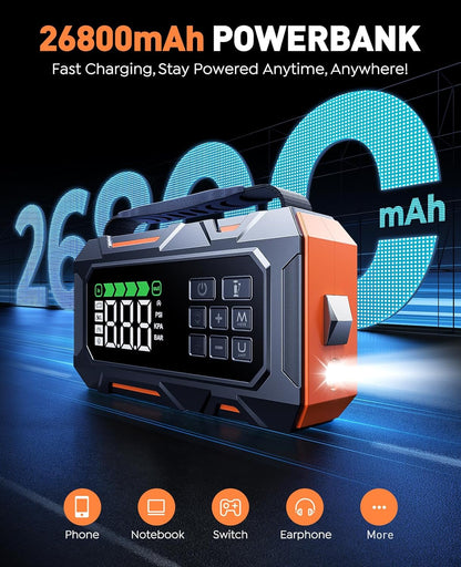Starthulp Powerbank – Auto Booster – Noodstarter – Accu Starter – Powerbank 26800mAh – 7000A Piekstroom – Ingebouwde Compressor 160 PSI – 14-in-1 Noodkit Met 5 LED Lichtstanden