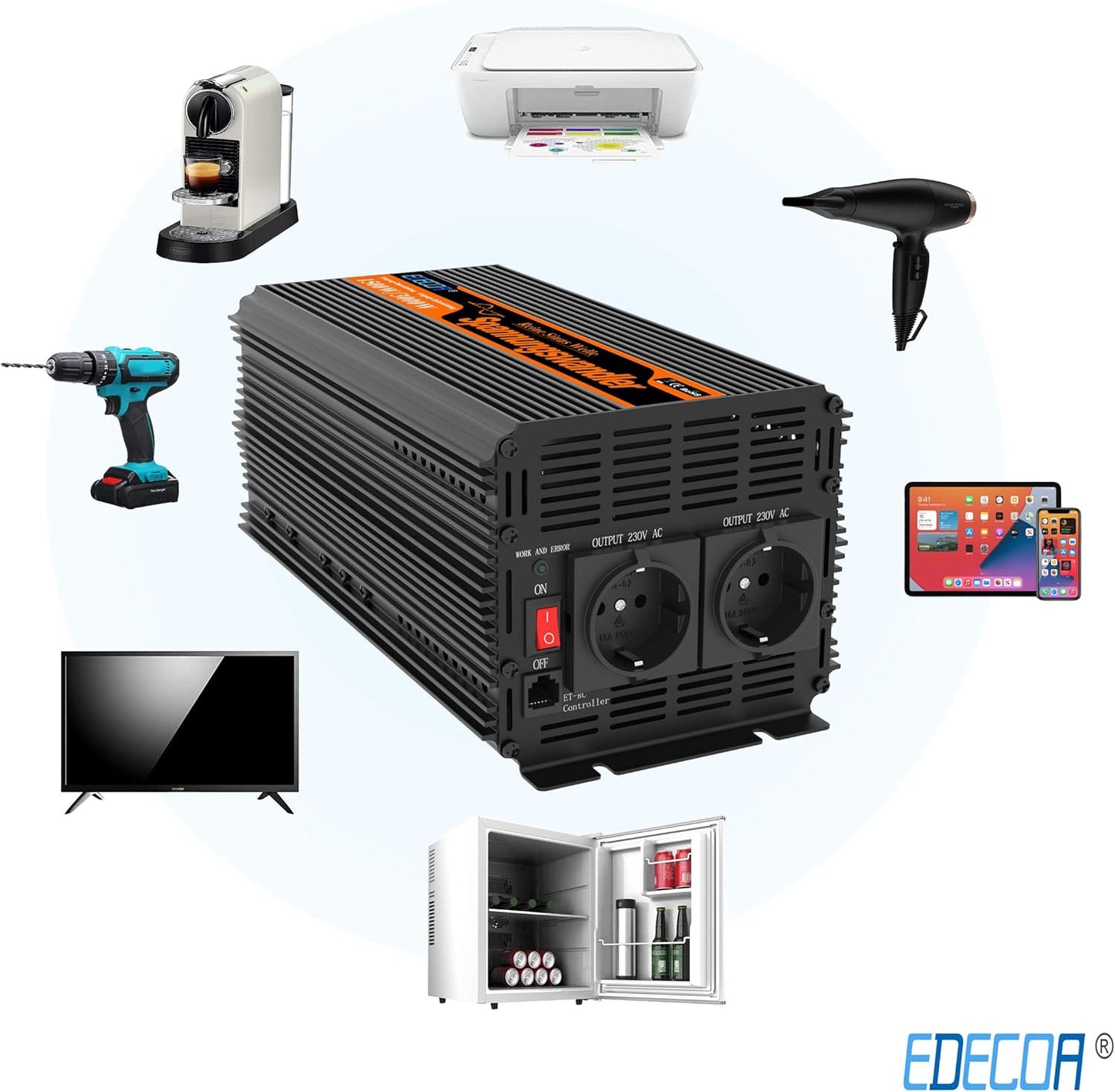 EDECOA 2000W Zuivere Sinus Omvormer 24V naar 230V met LCD-afstandsbediening en 2X USB, Spanningsomvormer 24 V, Inverter Pure Sine Wave