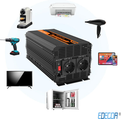 EDECOA 2000W Zuivere Sinus Omvormer 24V naar 230V met LCD-afstandsbediening en 2X USB, Spanningsomvormer 24 V, Inverter Pure Sine Wave