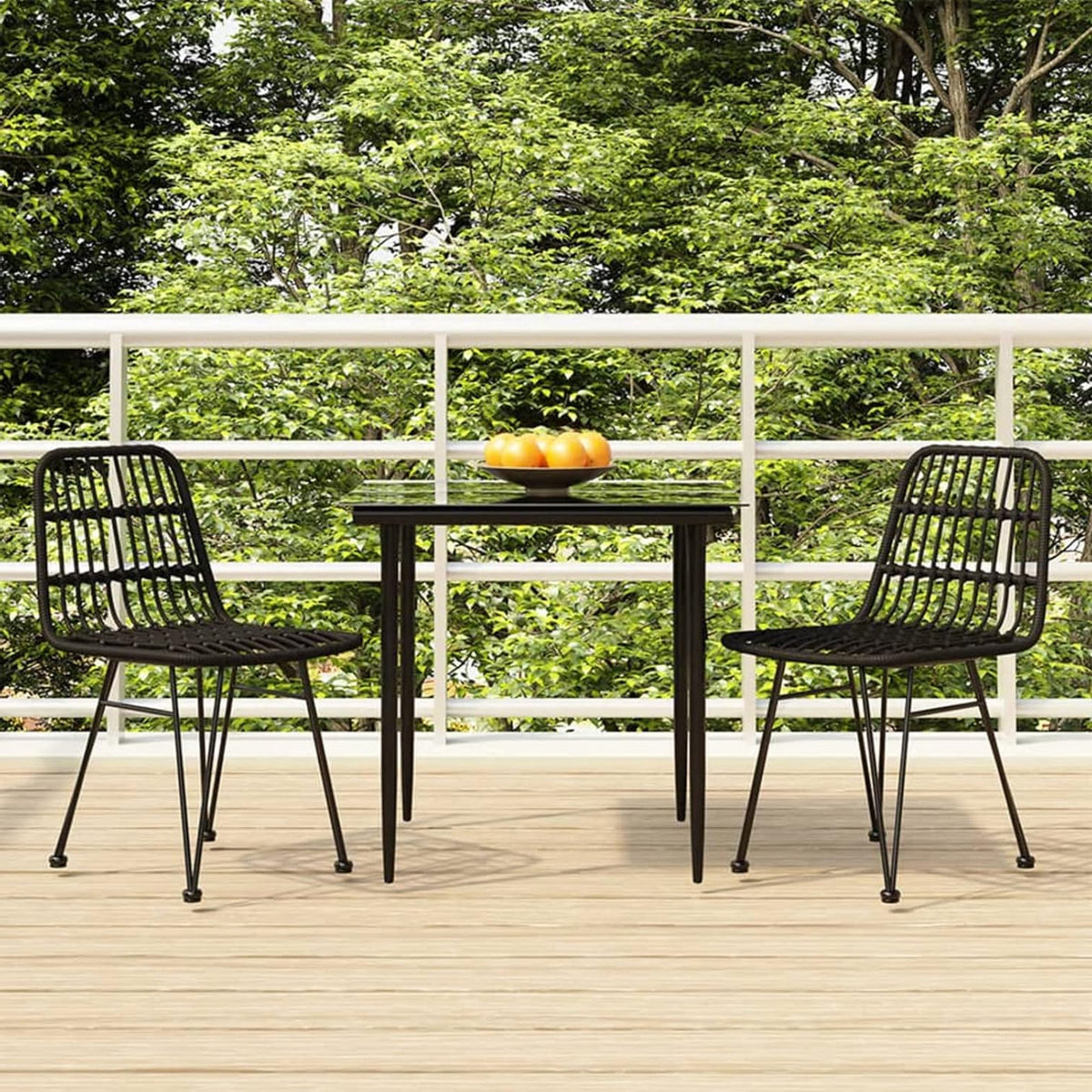 Tidyard Set of 3 for Dining Room, Garden, Outdoor, Poly Rattan, Black, Steel, Glass, Table Set and 2 Dining Chairs for Garden, Outdoor, Outdoor Patio - QUORE