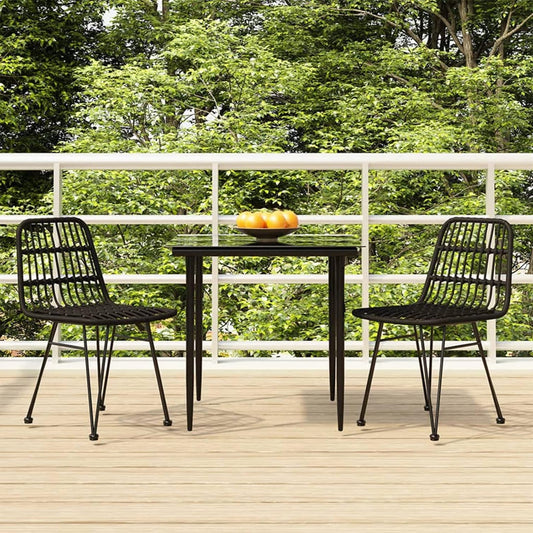 Tidyard Set of 3 for Dining Room, Garden, Outdoor, Poly Rattan, Black, Steel, Glass, Table Set and 2 Dining Chairs for Garden, Outdoor, Outdoor Patio - QUORE