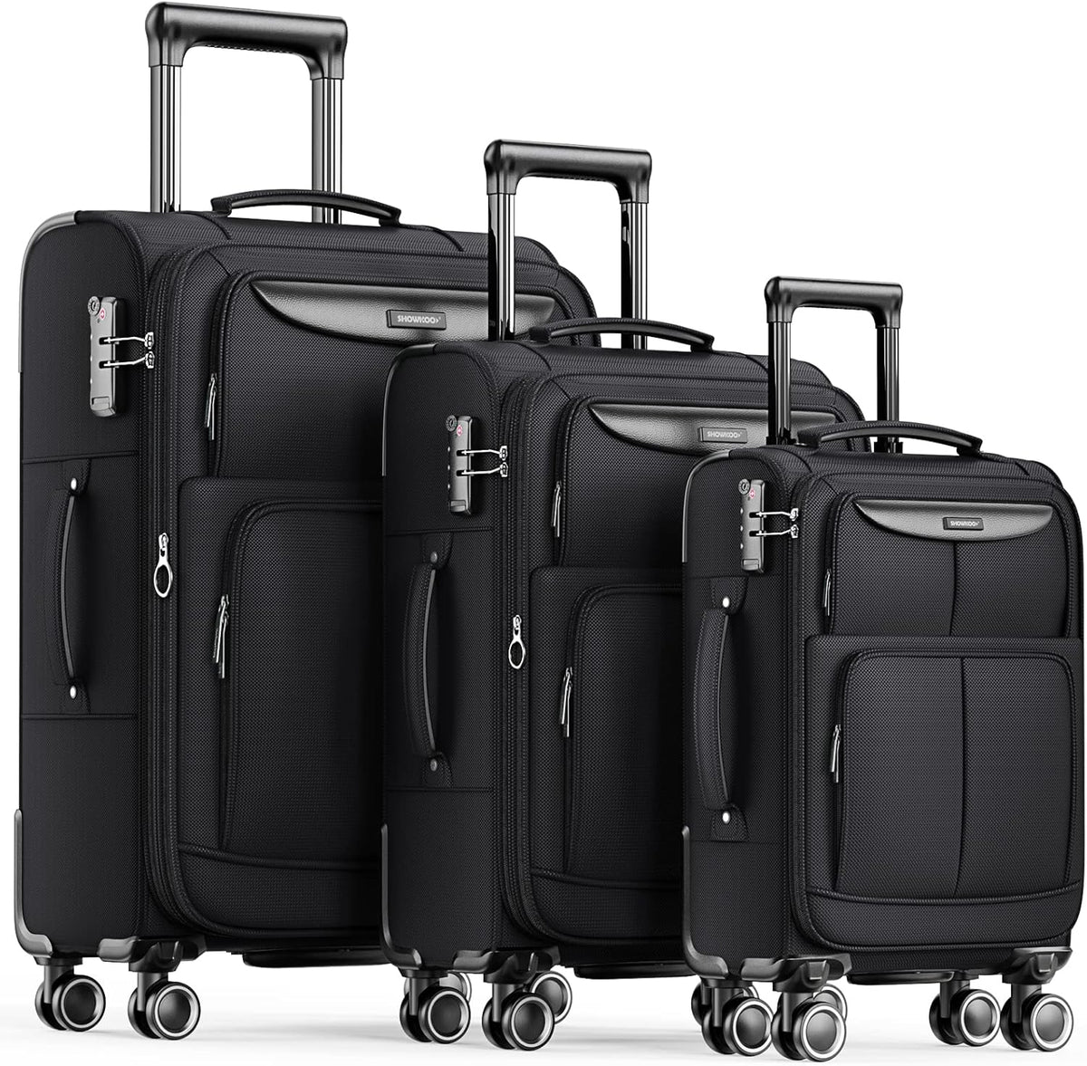 SHOWKOO Kofferset, 3-delig, stoffen koffer, zachte schaal, reiskoffer, uitbreidbaar, licht, duurzaam, trolley, handbagage, sets met TSA-slot en 4 wielen (M L XL - zwart)