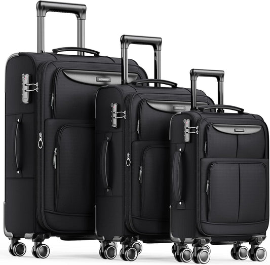 SHOWKOO Kofferset, 3-delig, stoffen koffer, zachte schaal, reiskoffer, uitbreidbaar, licht, duurzaam, trolley, handbagage, sets met TSA-slot en 4 wielen (M L XL - zwart)