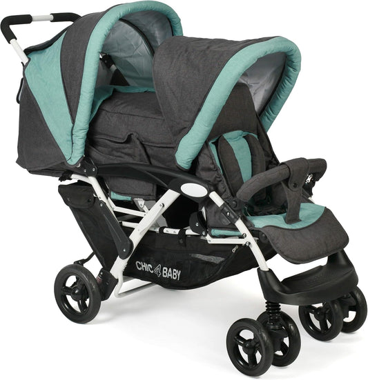 CHIC 4 BABY - Duo broers en zussen met draagtas en regenbescherming, broer of zussen kinderwagen voor twee kinderen, tweelingwagen, twinningsbuggy, tandembuggy, kinderwagen, melange mint