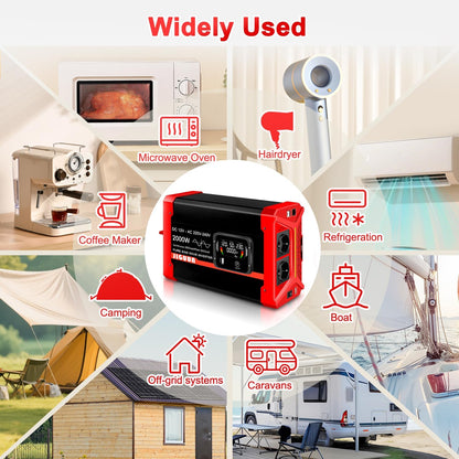 JIGUUN 2000W Omvormer 12V 230V Zuivere sinus Converter inverte met 2 EU stopcontacten & 3 USB+Tycp-C poorten, afneembare afstandsbediening en LCD display Piekvermogen 6000W