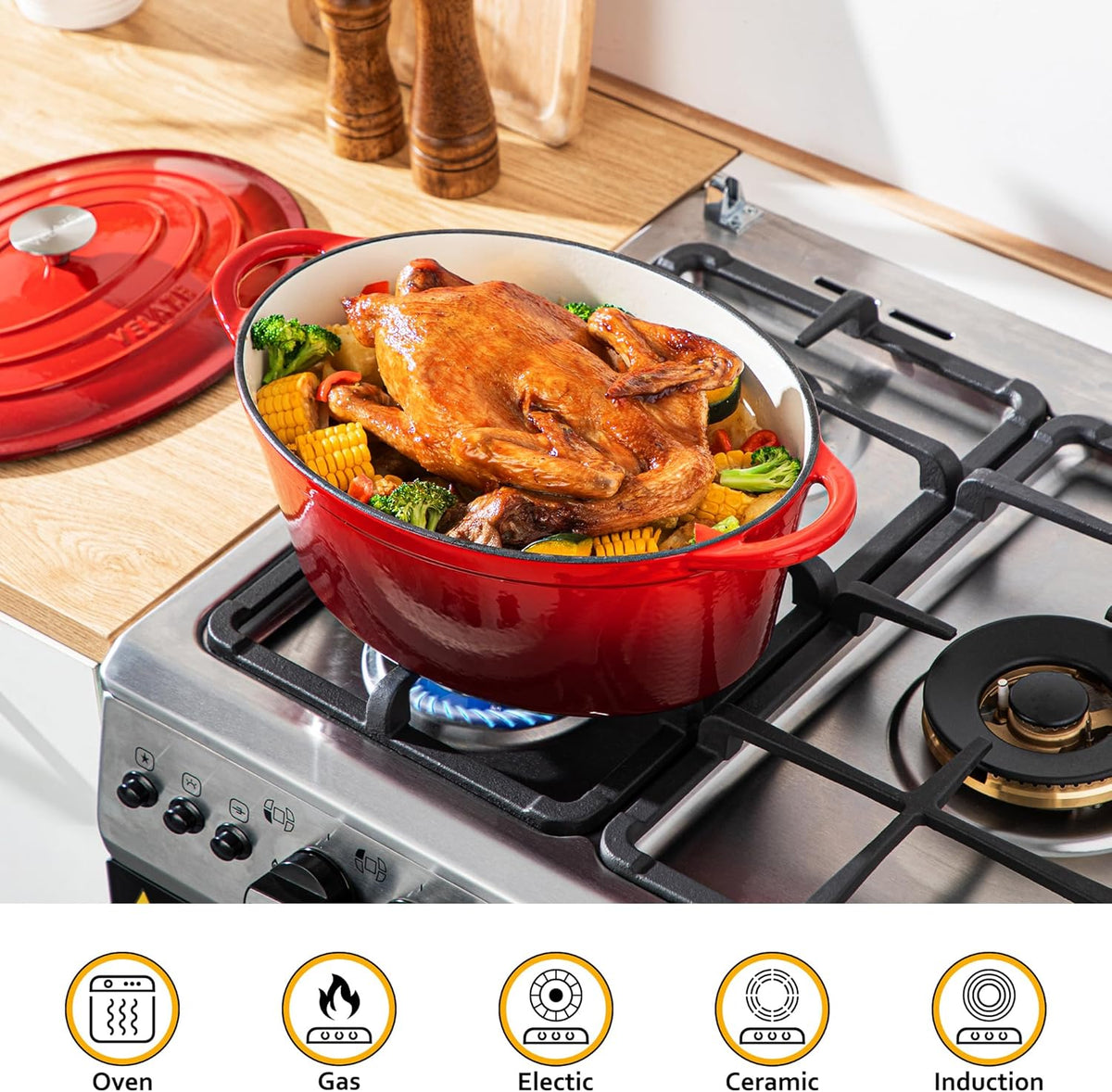 Velaze Oval Cast Iron Casserole with Lid 34 cm, 7 Litre Enamel Pan, Bread Pan with Lid, Stew Pan Suitable for All Heat Sources - QUORE
