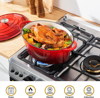 Velaze Oval Cast Iron Casserole with Lid 34 cm, 7 Litre Enamel Pan, Bread Pan with Lid, Stew Pan Suitable for All Heat Sources - QUORE