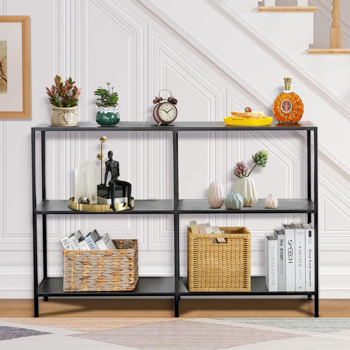 HDANI Metalen consoletafel van 120 cm met 3 niveaus, smalle ingangstafel, moderne sofatafels voor entree, woonkamer, slaapkamer, zwart