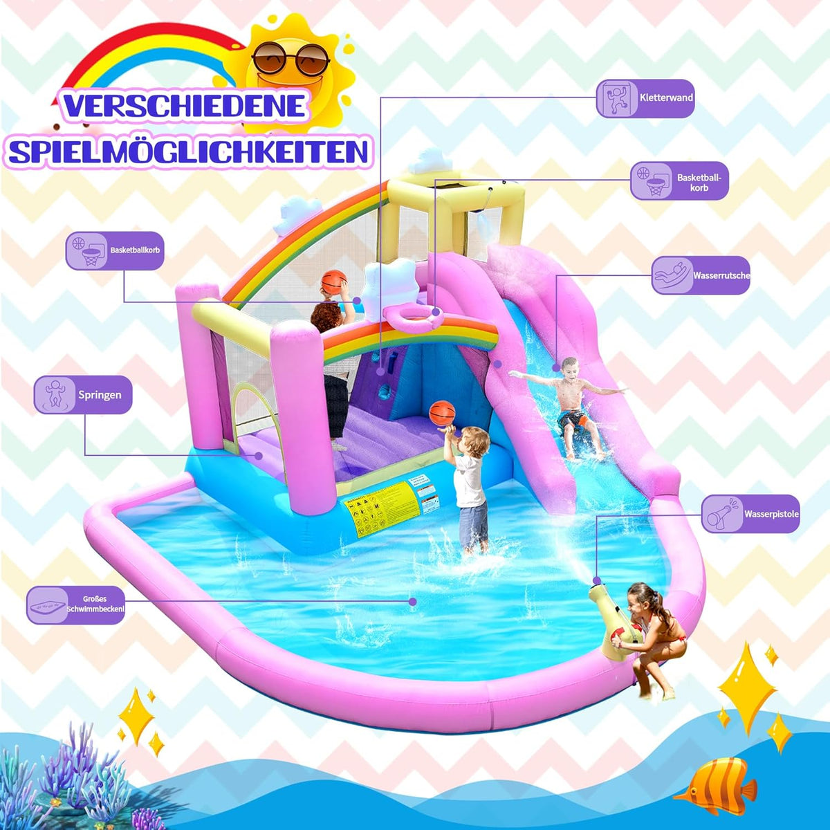 Opblaasbaar springkasteel met waterglijbaan, klimwand, basketbalkorf en kinderbadje, incl. ventilator, outdoor voor kinderen, ideaal voor tuin, 365 x 390 x 238 cm - QUORE
