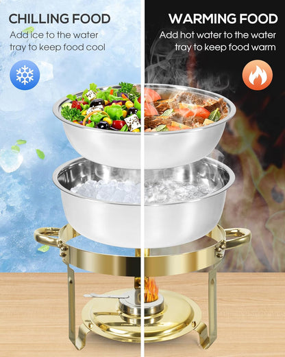 Gouden Chafing Dish Buffet Set 5L [Robuust en Eenvoudig te Monteren], 4-Pack Ronde Chafing Dishes, RVS Warmhoudbakken [Elegant Goud en Zilver], Voedselwarmer voor Catering Buffet en Elk Feest