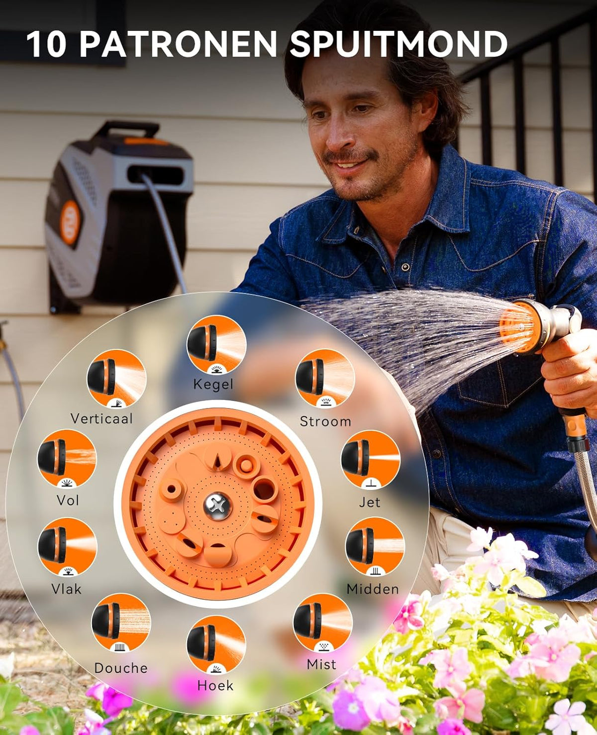 SUNPOW Slanghaspel voor Wandmontage - 35mx12mm - Willekeurige Lengte Vergrendeling, Automatisch Oprolsysteem, 180° Draaibare Beugel - 19mm Aansluiting en 10-Functie Sproeikop - Grijs