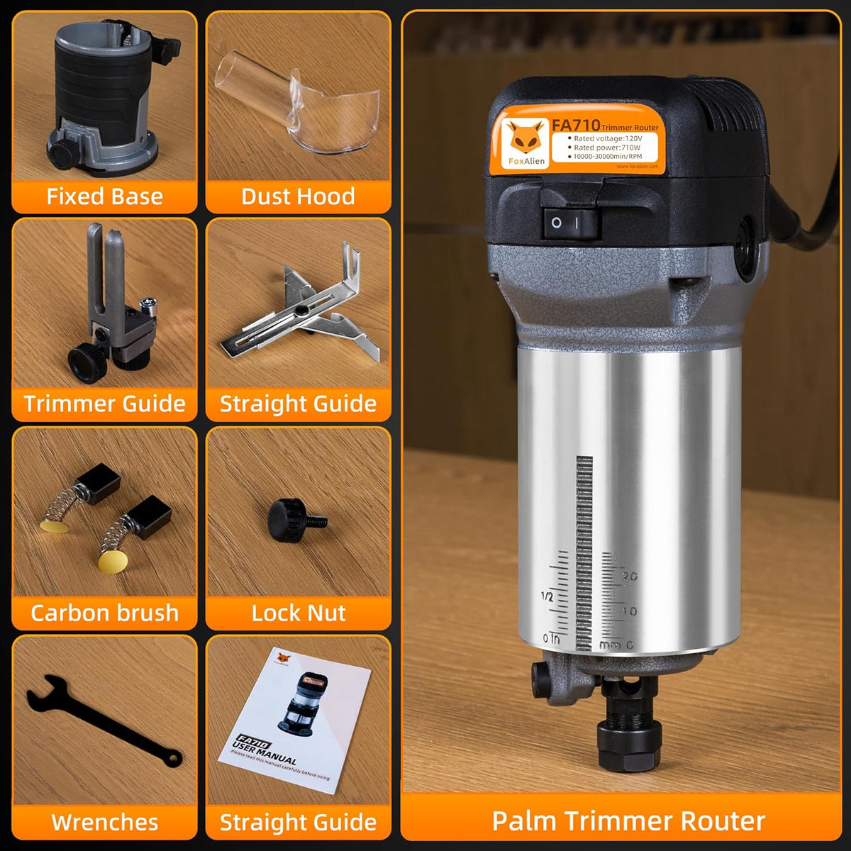 FoxAlien 1 HP 710W 65mm Diameter Compacte Palm Router voor CNC Houtbewerking, 6 Variabele Snelheden Max 30000 R/MIN Hout Trimmer met 1/4" Collet (220V)
