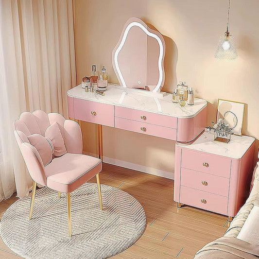 Vanity Desk with 3-Color Lighted Mirror, Makeup Vanity Table Set with Lights & Charging Station, 5 Drawers, Shelves, Dressing Table with Stool for Women Girls (Color : B) - QUORE