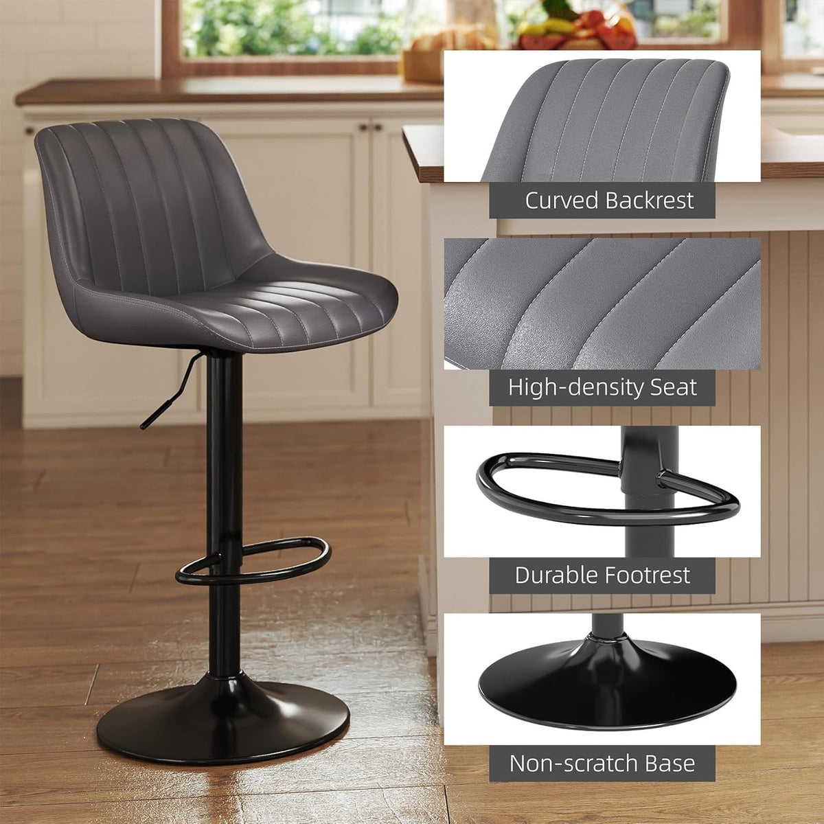 Youhauchair Barkrukken Set van 2, In Hoogte Verstelbare Barkruk met Rugleuning, PU Lederen Barstoelen Bar Stool, Moderne Barstoel Keuken Kruk, Donkergrijs