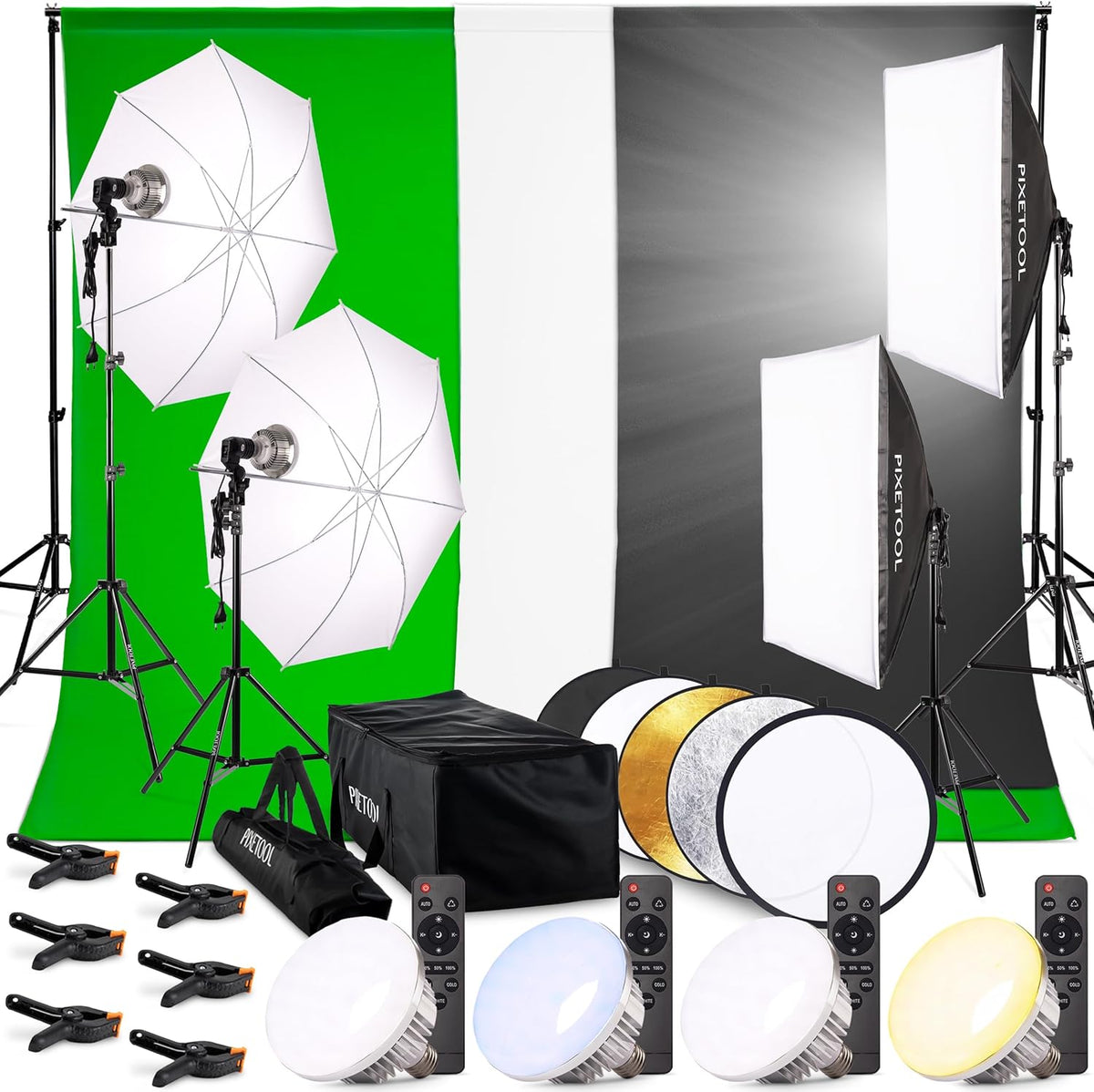 Green screen (3 x 3 m) met Achtergrondsysteem (3 x 2,6 m) - Fotostudio Set - Inc.Wit en Zwart achtergronddoek, Softbox, Paraplu’s, Lamphouders, LED lampen, Reflectiescherm & Draagtas