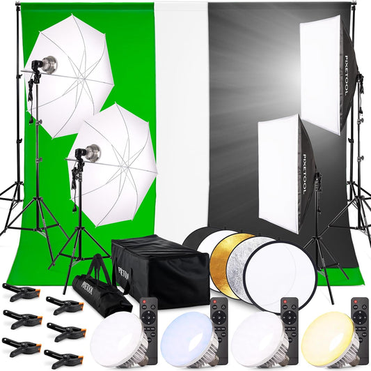 Green screen (3 x 3 m) met Achtergrondsysteem (3 x 2,6 m) - Fotostudio Set - Inc.Wit en Zwart achtergronddoek, Softbox, Paraplu’s, Lamphouders, LED lampen, Reflectiescherm & Draagtas