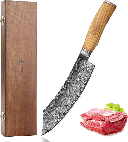 Wakoli Olive HS Damast Grill blokmes van echt damaststaal (VG10 kern), 20 cm lemmet, scherp en ergonomisch, damastmes met olijfhouten handvat in houten box, keukenmes en vleesmes voor grill