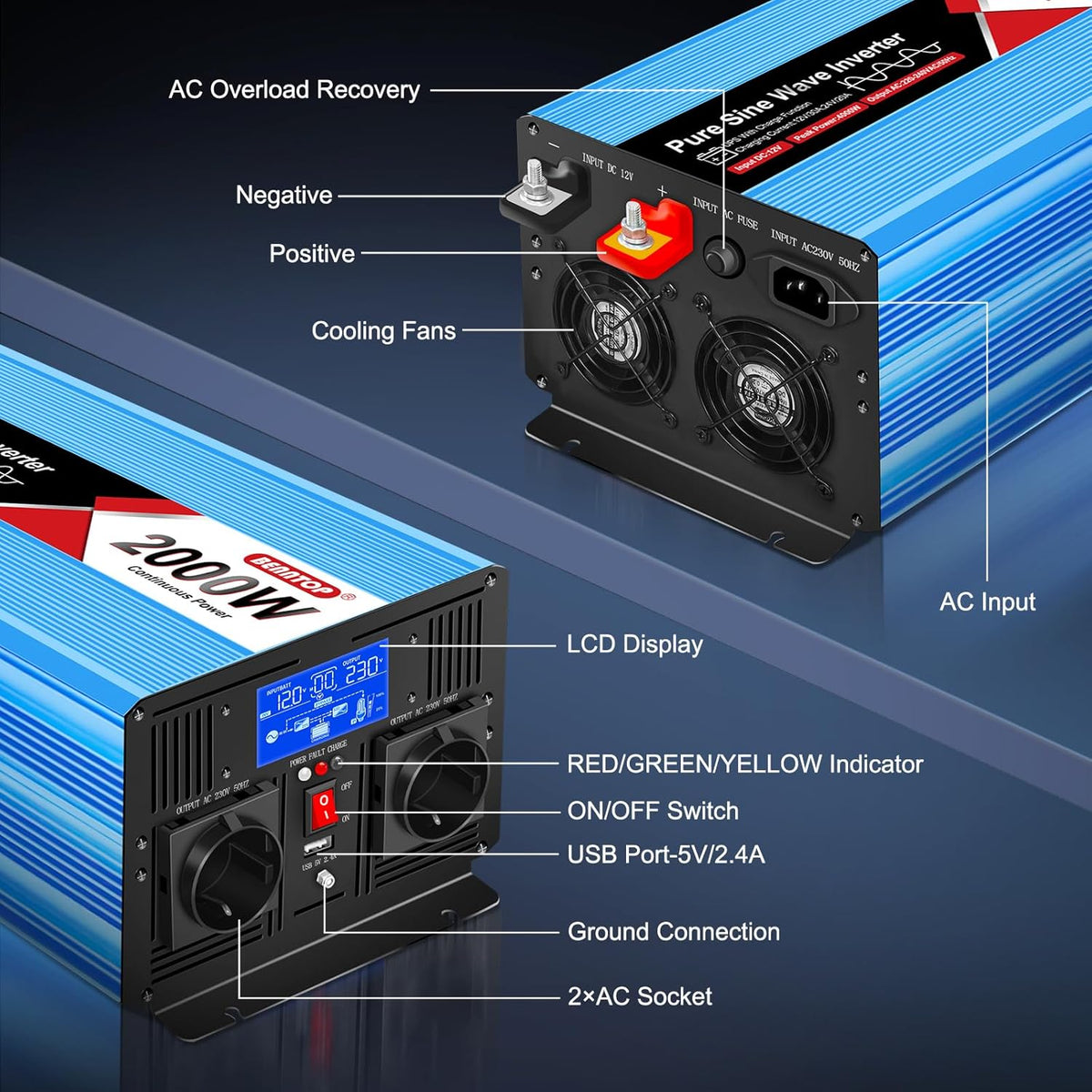 2000 W/4000 W DC 12 V naar AC 230 V zuivere sinusomvormer, spanningsomvormer met 2 AC-aansluitingen, 1 USB-aansluiting, lcd-display, voor auto en camper