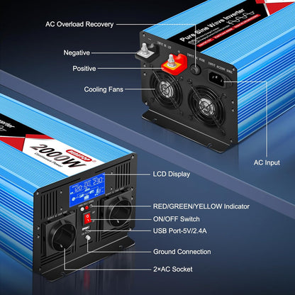 2000 W/4000 W DC 12 V naar AC 230 V zuivere sinusomvormer, spanningsomvormer met 2 AC-aansluitingen, 1 USB-aansluiting, lcd-display, voor auto en camper