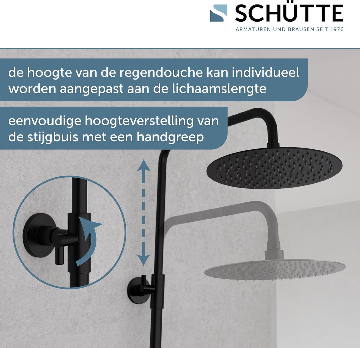 SCHÜTTE AQUADUCT Douchesysteem met thermostaat, doucheset met grote regendouche (diameter 25 cm) en verstelbare handdouche, doucheset met douchestang, douche met kraan, douchezuil, douchepaneel, zwart