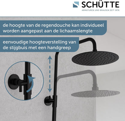 SCHÜTTE AQUADUCT Douchesysteem met thermostaat, doucheset met grote regendouche (diameter 25 cm) en verstelbare handdouche, doucheset met douchestang, douche met kraan, douchezuil, douchepaneel, zwart