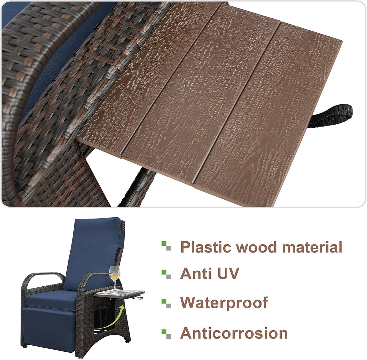 ATR ART TO REAL Verstelbare tuinstoel met geïntegreerde tafel, rotan van hars en afneembaar kussen voor binnen en buiten (marineblauw)