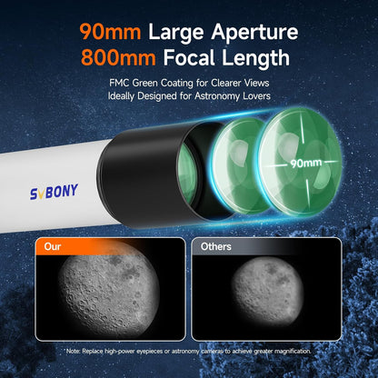 Svbony SV520 Telescoop voor Volwassenen, 90 mm Diafragma 800 mm Brandpuntsafstand, Allemaal metaal Telescoopset voor Astronomie met Altazimuth Montering, Draadloze Controller, voor Visuele Observatie